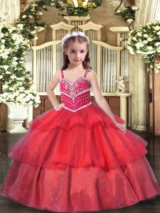 Best Red Ball Gowns Straps Sleeveless Organza Floor Length Lace Up Beading and Ruffled Layers Kids Pageant Dress