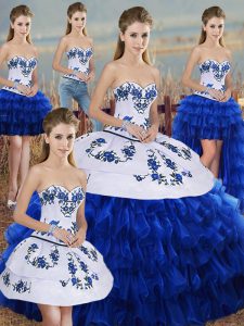 Designer Royal Blue Sweet 16 Dress Military Ball and Sweet 16 and Quinceanera with Embroidery and Ruffled Layers and Bowknot Sweetheart Sleeveless Lace Up