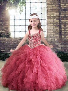 Pink Ball Gowns Beading and Ruffles Kids Pageant Dress Lace Up Tulle Sleeveless Floor Length