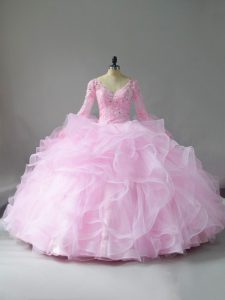 Fashion Pink V-neck Neckline Lace and Ruffles Vestidos de Quinceanera Long Sleeves Lace Up