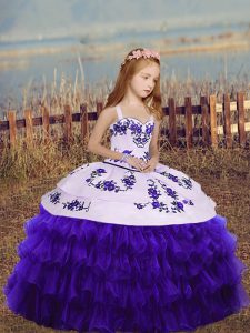 Floor Length Lace Up Little Girl Pageant Gowns Purple for Party and Wedding Party with Embroidery and Ruffled Layers