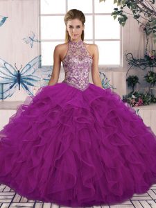 Purple Halter Top Neckline Beading and Ruffles 15th Birthday Dress Sleeveless Lace Up