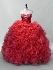 Floor Length Lace Up Sweet 16 Dress Red for Sweet 16 and Quinceanera with Sequins