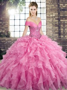Rose Pink Vestidos de Quinceanera Off The Shoulder Sleeveless Brush Train Lace Up