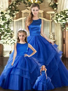 Sweet Floor Length Royal Blue Quinceanera Dress Tulle Sleeveless Ruffled Layers