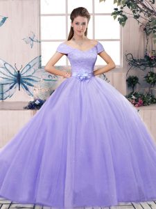 Charming Lavender Ball Gowns Tulle Off The Shoulder Short Sleeves Lace and Hand Made Flower Floor Length Lace Up Quince Ball Gowns