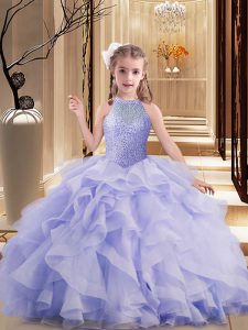 Beautiful Lavender Little Girl Pageant Gowns High-neck Sleeveless Brush Train Lace Up