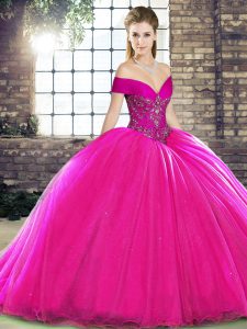 Fuchsia Ball Gowns Beading Sweet 16 Quinceanera Dress Lace Up Organza Sleeveless