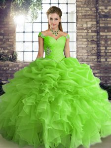 Off The Shoulder Lace Up Beading and Ruffles and Pick Ups Ball Gown Prom Dress Sleeveless