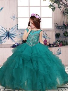 High Class Scoop Sleeveless Little Girl Pageant Dress Floor Length Beading and Ruffles Turquoise Organza