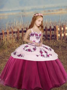 Fuchsia Lace Up Straps Embroidery and Bowknot Kids Pageant Dress Sleeveless