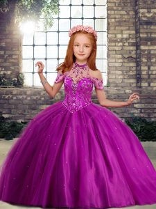 Great Fuchsia Lace Up High-neck Beading Pageant Gowns For Girls Tulle Sleeveless
