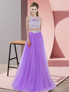 New Arrival Halter Top Sleeveless Quinceanera Dama Dress Floor Length Lace Lavender Tulle