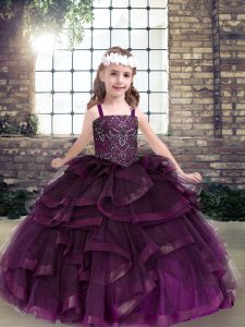 Edgy Beading and Ruffles Little Girl Pageant Dress Eggplant Purple Lace Up Sleeveless Floor Length