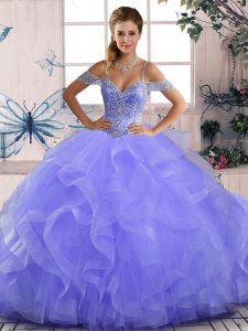 Flare Lavender Quinceanera Gown Sweet 16 and Quinceanera with Beading and Ruffles Off The Shoulder Sleeveless Lace Up