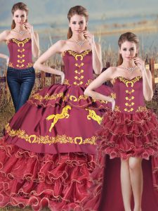 Burgundy Sleeveless Brush Train Embroidery and Ruffles Sweet 16 Dresses