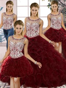 Sexy Burgundy 15th Birthday Dress Military Ball and Sweet 16 and Quinceanera with Beading and Ruffles Scoop Sleeveless Lace Up
