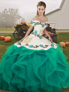 High Quality Tulle Sleeveless Floor Length Quinceanera Dress and Embroidery and Ruffles