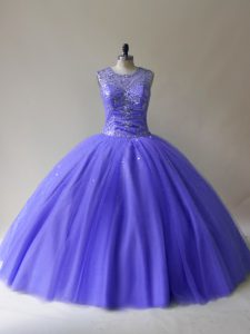 Unique Tulle Scoop Sleeveless Lace Up Beading Quinceanera Dresses in Purple