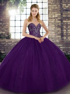 Vintage Tulle Sweetheart Sleeveless Lace Up Beading Ball Gown Prom Dress in Purple