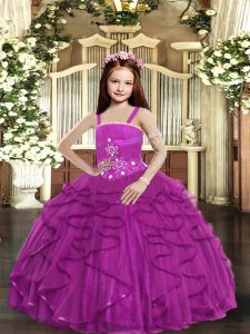 Custom Designed Fuchsia Straps Neckline Beading and Ruffles Child Pageant Dress Sleeveless Lace Up
