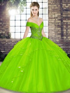 Off The Shoulder Sleeveless Tulle 15 Quinceanera Dress Beading and Ruffles Lace Up