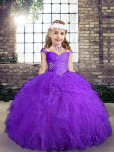 Trendy Beading and Ruffles Girls Pageant Dresses Purple Lace Up Sleeveless Floor Length