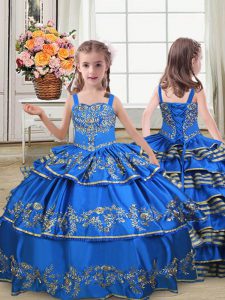 Wonderful Royal Blue Satin Lace Up Straps Sleeveless Floor Length Kids Pageant Dress Embroidery and Ruffled Layers