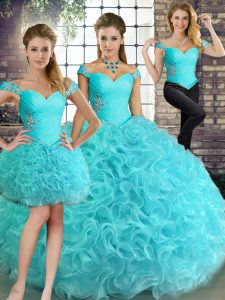 Aqua Blue Ball Gown Prom Dress Military Ball and Sweet 16 and Quinceanera with Beading Off The Shoulder Sleeveless Lace Up