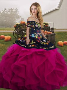 Tulle Off The Shoulder Sleeveless Lace Up Embroidery and Ruffles Ball Gown Prom Dress in Fuchsia