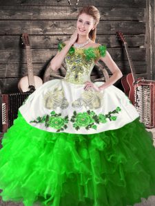 Green Sleeveless Floor Length Embroidery and Ruffles Lace Up Quinceanera Gowns