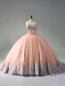 Free and Easy Peach Quinceanera Dress Sweet 16 and Quinceanera with Beading and Appliques Sweetheart Sleeveless Court Train Lace Up
