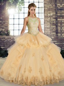 Flirting Champagne Sleeveless Tulle Lace Up Quinceanera Dresses for Military Ball and Sweet 16 and Quinceanera