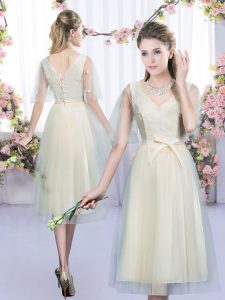 Low Price Champagne Empire Lace and Bowknot Quinceanera Dama Dress Lace Up Tulle Sleeveless Tea Length