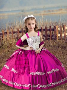 Hot Pink Lace Up Little Girls Pageant Dress Wholesale Beading and Embroidery Sleeveless Floor Length