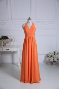 Sleeveless Chiffon Floor Length Zipper Damas Dress in Orange with Ruching