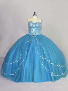 Great Blue Tulle Lace Up Sweetheart Sleeveless 15 Quinceanera Dress Brush Train Beading