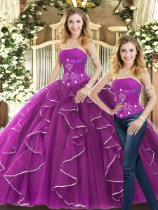 Fitting Purple Strapless Lace Up Beading and Ruffles Ball Gown Prom Dress Sleeveless