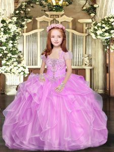 Fashionable Sleeveless Floor Length Beading and Ruffles Lace Up Little Girl Pageant Gowns with Lilac