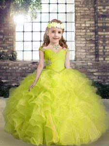 Beading and Ruffles Kids Pageant Dress Yellow Green Lace Up Sleeveless Floor Length