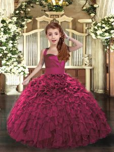 Fuchsia Ball Gowns Straps Sleeveless Organza Floor Length Lace Up Ruffles Little Girl Pageant Dress