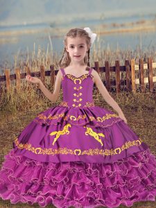 Traditional Floor Length Fuchsia Child Pageant Dress Organza Sleeveless Beading and Embroidery and Ruffled Layers
