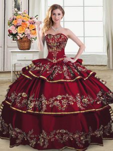 Exquisite Sleeveless Floor Length Embroidery and Ruffled Layers Lace Up Vestidos de Quinceanera with Wine Red