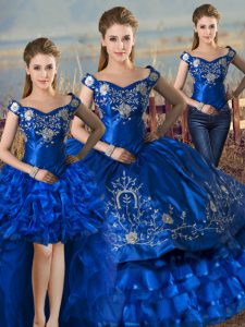 Royal Blue Quinceanera Dress Sweet 16 and Quinceanera with Embroidery and Ruffled Layers Off The Shoulder Sleeveless Lace Up
