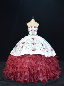 Admirable Burgundy Lace Up Ball Gown Prom Dress Embroidery and Ruffles Sleeveless Floor Length