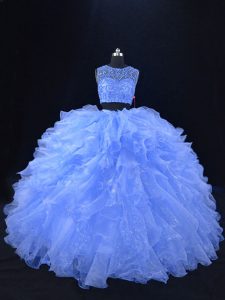 Blue Two Pieces Scoop Sleeveless Organza Floor Length Zipper Beading and Ruffles 15th Birthday Dress