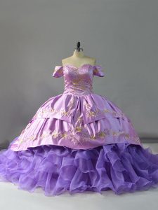 Chapel Train Ball Gowns Quinceanera Gowns Lavender Off The Shoulder Organza Sleeveless Lace Up