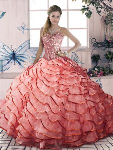 Vintage Watermelon Red Ball Gowns Sweetheart Sleeveless Organza Brush Train Lace Up Beading and Ruffled Layers Quinceanera Dresses