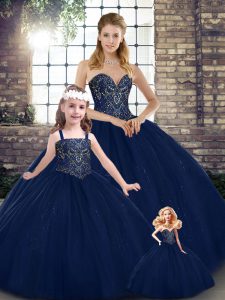Deluxe Floor Length Navy Blue Quinceanera Gowns Tulle Sleeveless Beading