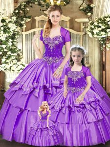 Lavender Ball Gowns Organza and Taffeta Sweetheart Sleeveless Beading and Ruffled Layers Floor Length Lace Up Quinceanera Dresses